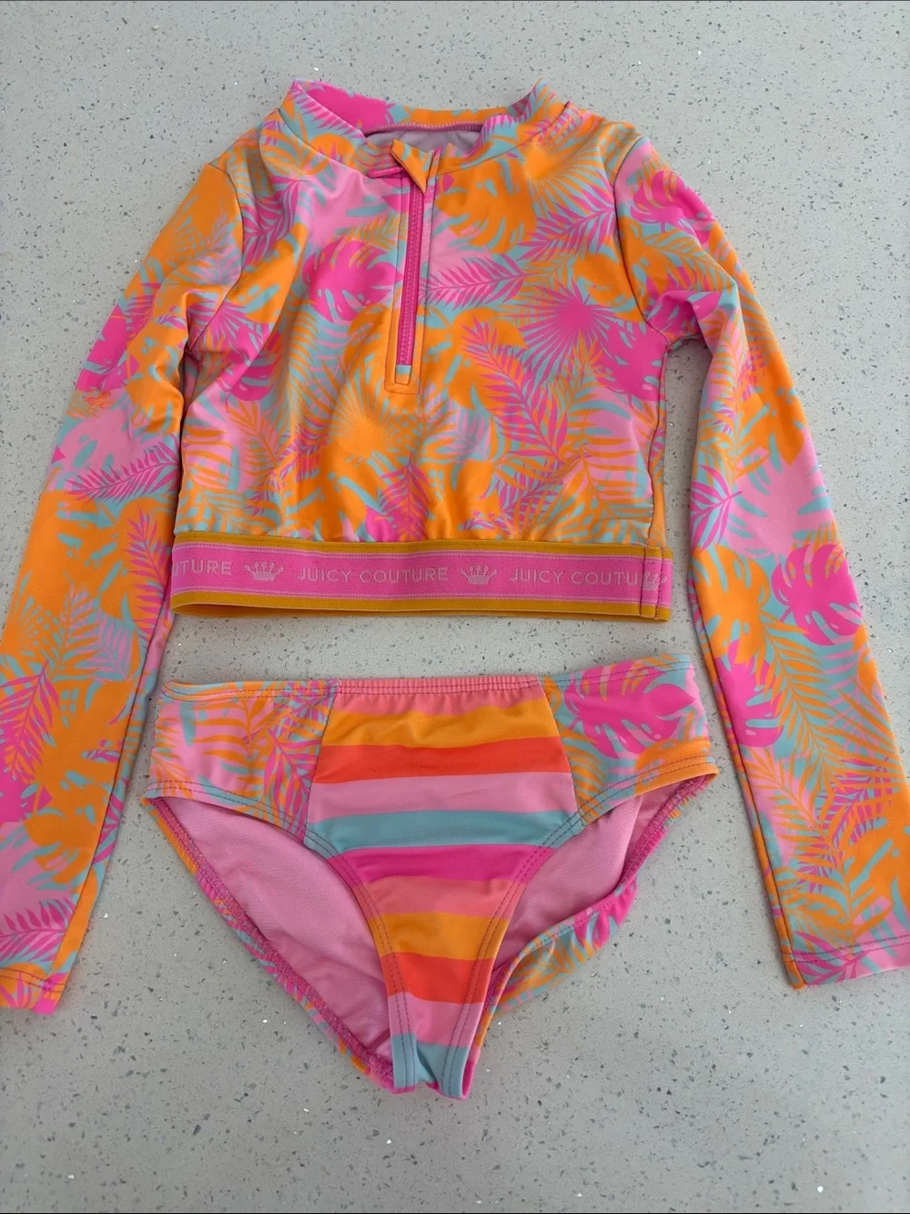 Juicy Couture Pink & Orange Tropical Long-Sleeve Rash Guard Bikini Set